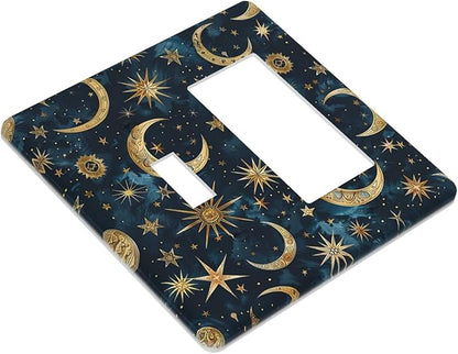 Outlet Covers Modern Abstract Sky Blue Gold Moon Sun Star 1 Toggle 1 Rocker Combination Decorative Wall Plate Electrical Switch Plates Light Switch Cover Plate for Bedroom Kids room Decor
