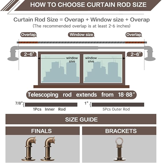 Industrial Curtain Rods 18 to 88 in,Blackout Curtain Rod,Adjustable Length,1 in Diameter Pipe,Wall or Ceiling Mounted,for Bedroom and Living Room (Coffee Gold 18” to 88”)