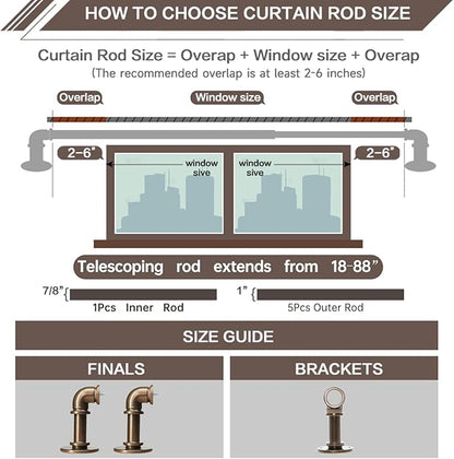 Industrial Curtain Rods 18 to 88 in,Blackout Curtain Rod,Adjustable Length,1 in Diameter Pipe,Wall or Ceiling Mounted,for Bedroom and Living Room (Coffee Gold 18” to 88”)