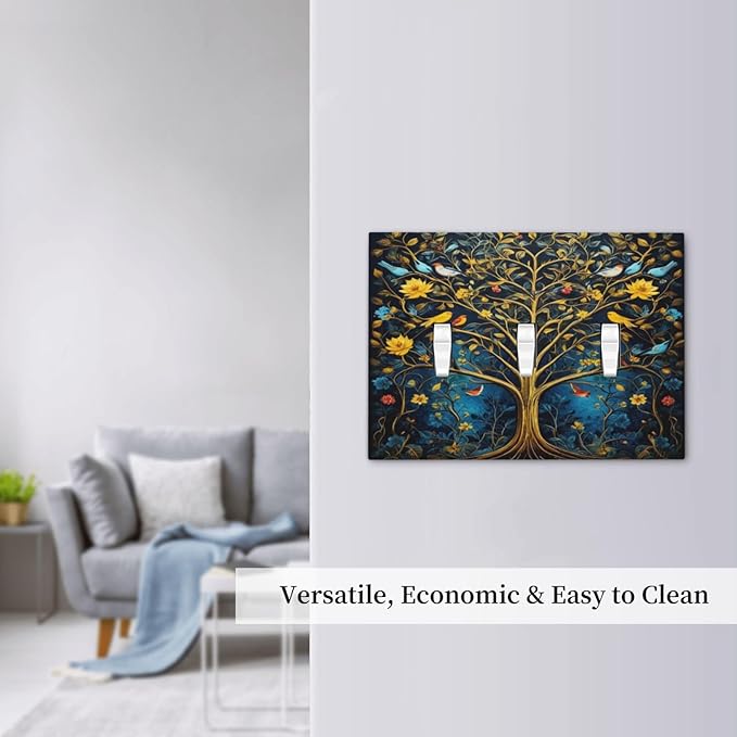 Gold Tree With Birds Flowers on Branches Light Switch Covers 3 Gang Triple Toggle Wall Plate Decorative Switchplate Electrical Faceplate for Farmhouse Living Decor