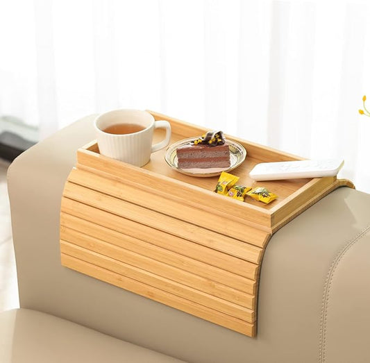GEHE Bamboo Sofa Arm Tray, Foldable Couch Arm Tray Side Table, Anti-Falling Armrest Tables Cup Holder for Snacks, Drinks, Beers, Phone, Control, Flexible and Portable, Anti-Slip