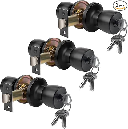 JO.KO Door Knob with Lock and Keyed, Round Ball Lock Interior/Exterior Door Knob for Bedroom Or Bathroom/Entry Door Handle (Matte Black 3Pack)