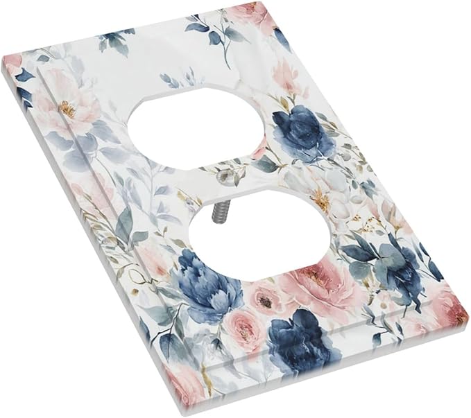 Elegant Watercolor Pink Blue Flowers Floral 1 Gang Duplex Receptacle Switch Wall Plate Decorative Switchplate Outlet Covers Electrical Plug Cover Faceplate for Bathroom Home Decor 5 X 3 IN
