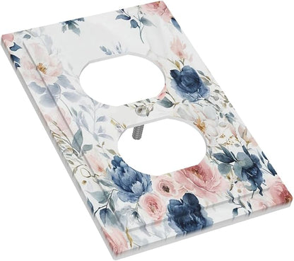 Elegant Watercolor Pink Blue Flowers Floral 1 Gang Duplex Receptacle Switch Wall Plate Decorative Switchplate Outlet Covers Electrical Plug Cover Faceplate for Bathroom Home Decor 5 X 3 IN