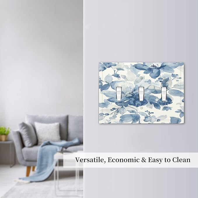 Decorative Switch Plates Blue Watercolor Floral 3 Gang Wall Plate Triple Toggle Light Switch Cover Faceplate Electrical Wall Panels for Bedroom Bathroom Decor
