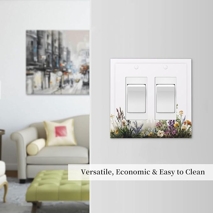 Decorative Outlet Covers White Background Colorful Flowers Plants Green Leaves 2 Gang Double Rocker Light Switch Cover Plate Electrical Switch Plate Cover Decorate GFCI Wall Plate for Bedroom Home