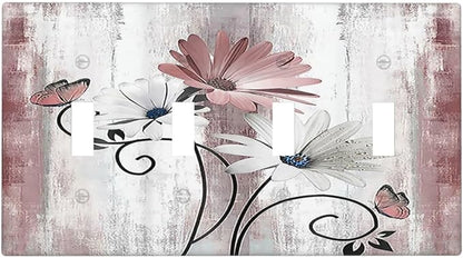 Light Switch Covers Pink White Daisy Butterfly Wood Grain Quad Toggle Electrical Faceplate 4 Gang Wall Plate Decorative Switch Plates for Farmhouse Bathroom Decor