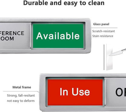 Conference Room In Use/Available Sign - Magnetic Door Slider, 7"x2" Non-Scratch Office Door Sign with Privacy Slider for Meeting Rooms, Offices, Restrooms - Silver