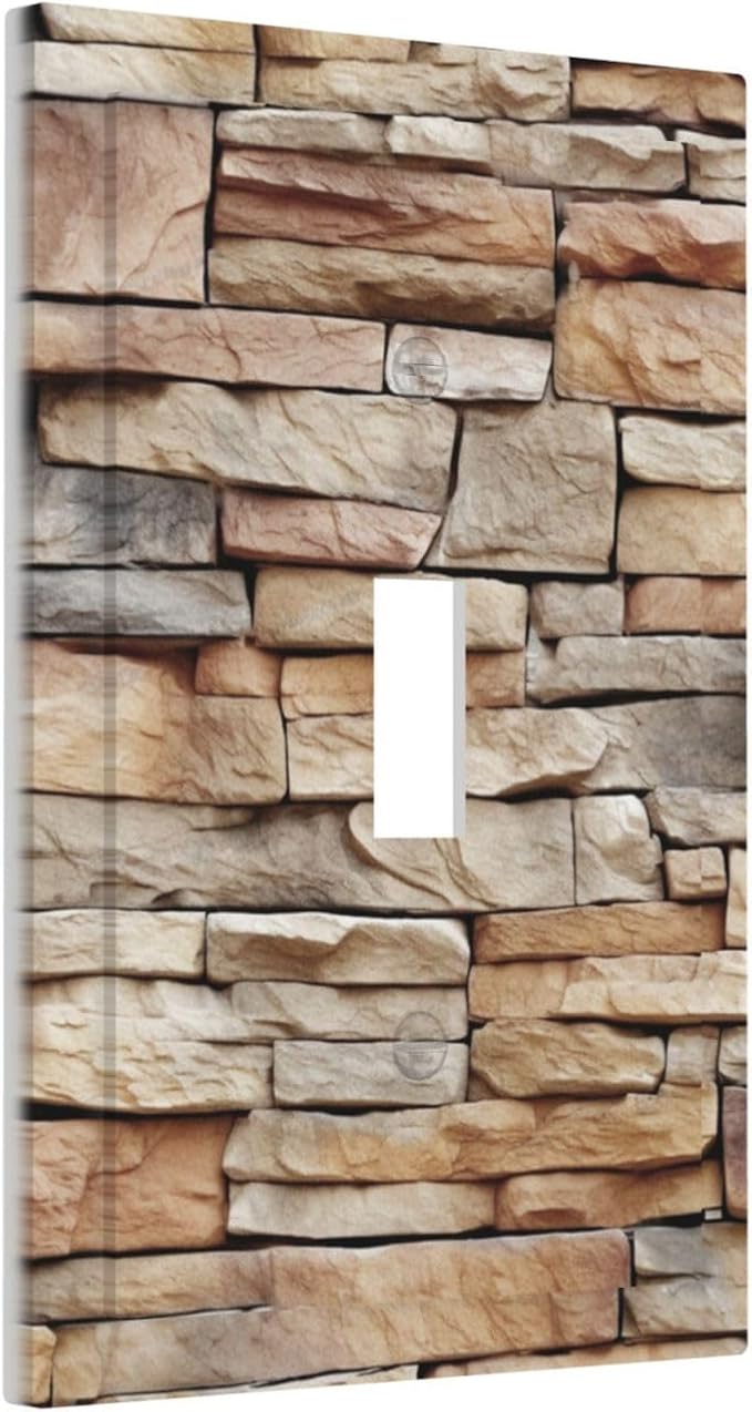 Decorative Light Switch Cover Stone Textured Brown Brick Natural Stone 1 Gang Single Toggle Device Electrical Faceplate Switchplates Decorator Outlet Wall Plate For Farmhouse Cabin Decor