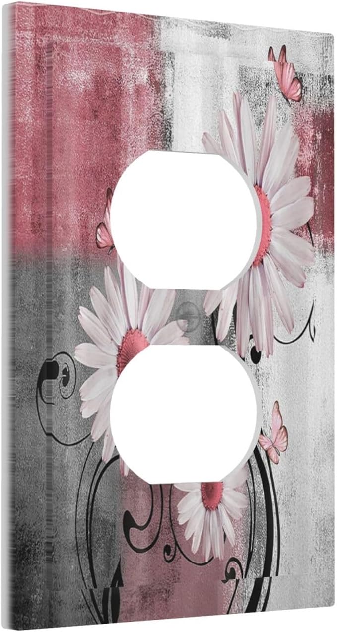 Outlet Covers Pink Floral Rustic Daisy Flower And Butterfly 1 Gang Duplex Electrical Receptacle Faceplate Light Switch Cover Wall Plate Decorative Switch Plates for Farmhouse Cabin Decor