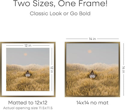 Homeforia 14x14 Picture Bronze Frame, High End Metal 14 x 14 Square Poster Frame with Mat 12 x 12 Photo, 14x14 Brass Frame Matted to 12x12 Print, 14by14 Thin Frames, Tempered Glass, Wall Kit, Set of 3