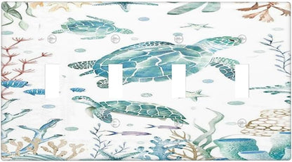 Sea Turtle Ocean Starfish Fish Coral Pearl Light Switch Covers Quad Toggle Electrical Faceplate 4 Gang Wall Plate Decorative Switch Plates for Bathroom Kids Room Decor