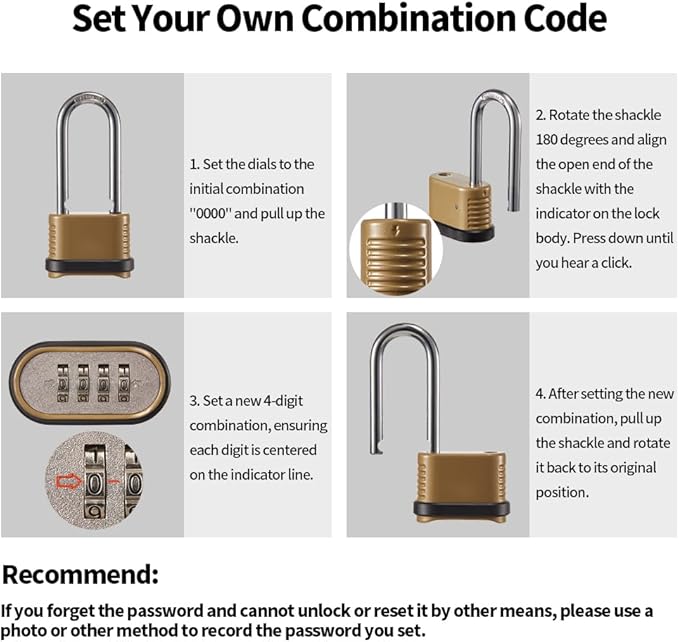Heavy Duty Combination Lock, 4-Digit Combo Lock with Long Shackle,Weatherproof Combination Padlock for Outdoor Use,4 Pack