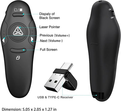 2-in-1 USB Type C Presentation Clicker Wireless Presenter Remote Clicker for PowerPoint Presentations with Laser Pointer, Rechargeable USB C PowerPoint Clicker Slide Advancer for Computer/Mac/Laptop