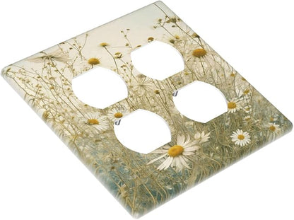 White Wildflowers Daisy Vintage Floral Outlet Covers 2 Gang Double Duplex Decorative Light Switch Covers Electrical Wallplates Socket Faceplate for Bed Room Living Room Decor