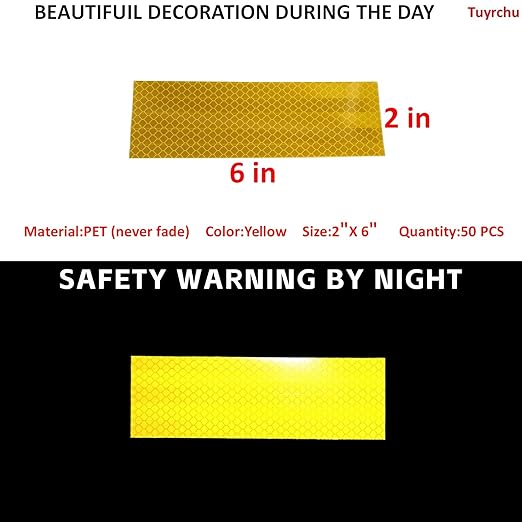 Non Fading Yellow Reflective Stickers 2 inch X 6 inch, Outdoor Waterproof High Visibility Warning Safety Adhesive Reflector Tape (50 Pcs)