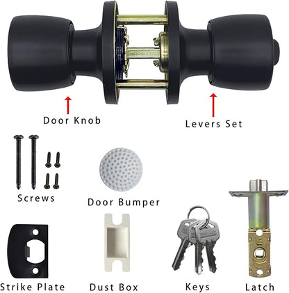 JO.KO Door Knob with Lock and Keyed, Black Matte Round Ball Lock Interior/Exterior Door Knob for Bedroom Or Bathroom/Entry Door Handle