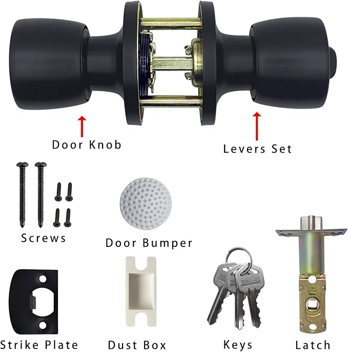 JO.KO 2 Pack Door Knob with Lock and Key, Round Ball Lock Interior/Exterior Door Knob for Bedroom Or Bathroom/Entry Door Handle (Matte Black 2Pack)