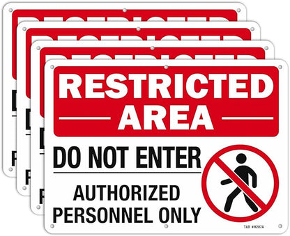 T&R Large Restricted Area Do Not Enter Authorized Personnel Only Sign - 4 Pack - 14 x 10 Inches Rust Free .040 Aluminum - UV Protected, Waterproof, Weatherproof and Fade Resistant - 6 Pre-drilled Holes