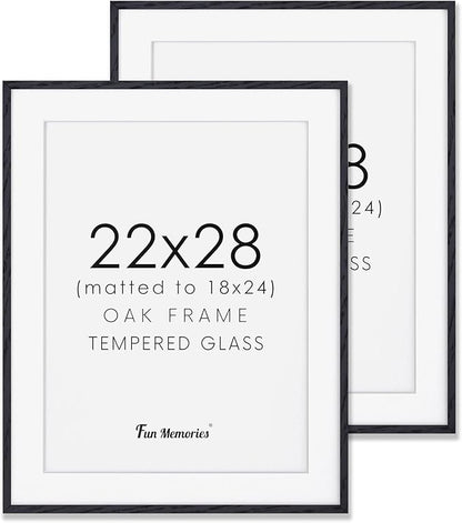 Fun Memories 22x28 Picture Frame Black 2 Pack, 22"x28" Oak Wood Frames for Wall, Rustic Poster Frames 22 x 28, 22x28 Matted Frame to 18x24, Tempered Real Glass, 22 by 28 Art Frame