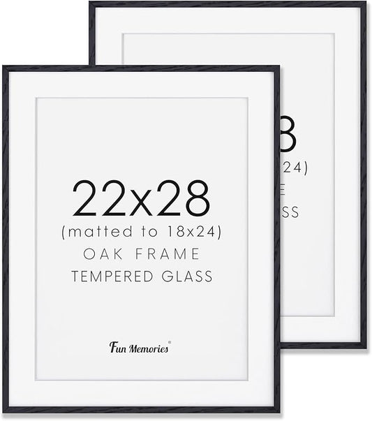Fun Memories 22x28 Picture Frame Black 2 Pack, 22"x28" Oak Wood Frames for Wall, Rustic Poster Frames 22 x 28, 22x28 Matted Frame to 18x24, Tempered Real Glass, 22 by 28 Art Frame