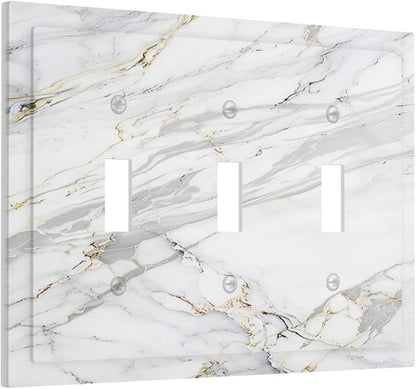 Decorative Light Switch Cover Plate Gray Gold Marble Abstract Modern Luxury 3 Gang Wall Plate Triple Toggle Switch Plate Covers Electrical Outlet Cover for Bedroom Home Decor