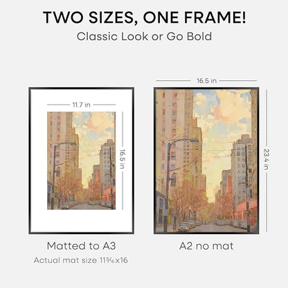 Homeoforia A2 Picture Frame Black, High End Metal 16.5 x 23.5 inch Poster Frames with Mat 11.7 x 16.5 for Photo, A2 Size Frame Matted to A3 Print, 16.5 by 23.4 Hanging Frames, Tempered Glass, Set of 3