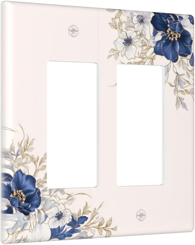 Decorative Outlet Covers Rustic Blue White Flowers Floral Penoy 2 Gang Wall Plate Double Rocker Two Switch Wall Cover Plate Jumbo Dual GFCI Face Plate for Bedroom Decor