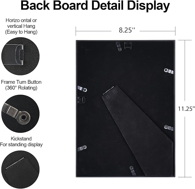 8x11 Picture Frame, Black Aluminum Metal Photo Frames with HD Glass, Fits 7x9 with Mat or 8 x 11 without Mat, Display for Wall and Table