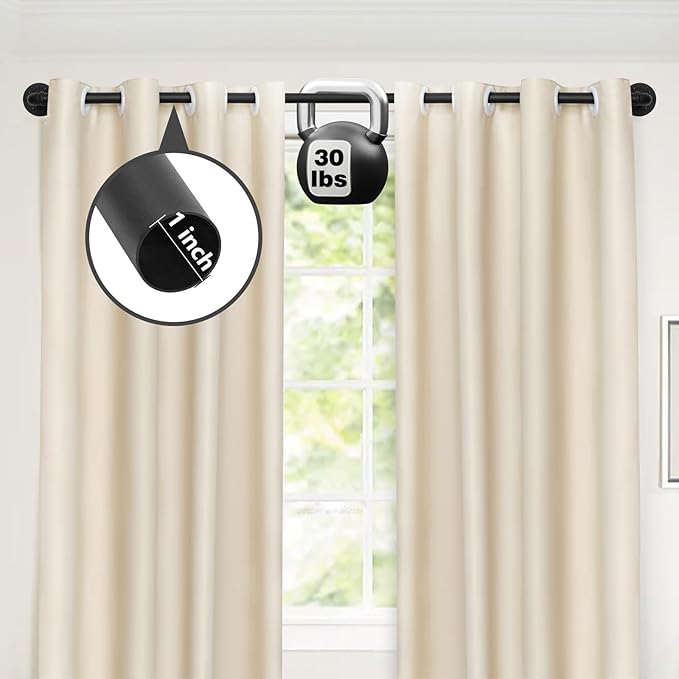 Refrze Curtain Rods for Windows 48 to 84 Inch, 1"Black Curtain Rod Industrial Wrap Around,Adjustable Heavy Duty Blackout Curtain Rods for Ceiling,Bedroom,Outdoor Patio