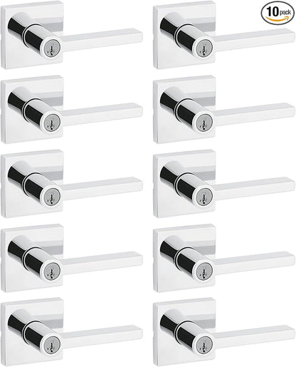 Kwikset Halifax Entry Door Handle with Lock and Key, Secure Keyed Reversible Lever Exterior, for Front Entrance and Bedrooms, Polished Chrome, 10 Pack, Pick Resistant SmartKey Rekey Security