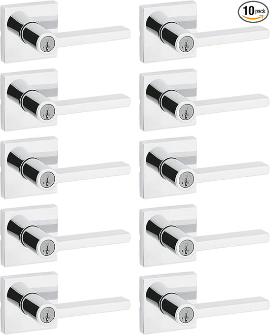 Kwikset Halifax Entry Door Handle with Lock and Key, Secure Keyed Reversible Lever Exterior, for Front Entrance and Bedrooms, Polished Chrome, 10 Pack, Pick Resistant SmartKey Rekey Security