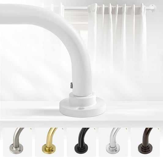 White Wrap Around Curtain Rods 66 to 120 Inch:Blackout Heavy duty Adjustable Window Curtain Rod for Bedroom,Industrial Darkening Curved French Metal Single Drapery Rods Easy Install,Pure White