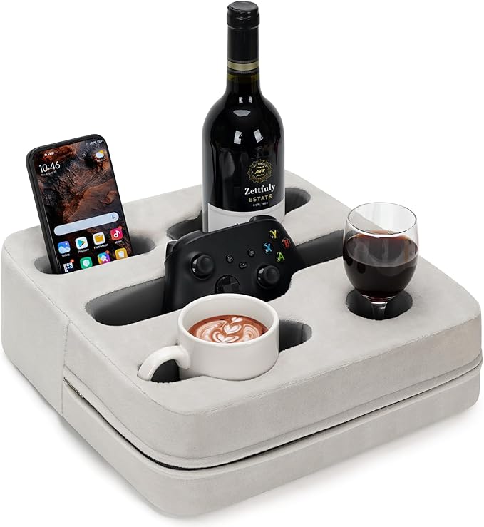 Couch Cup Holder Pillow - Sofa Cup Holder | Couch Caddy, Couch Drinks Remotes Holder for Cups, Headphones, Snacks, and Phones | Use it on Car, Pack, Beach, RV, and More(Silvergrey)