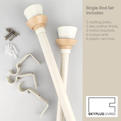 Nordic Style White Single Curtain Rod Set with Decorative Finials, 36-72 inch, Standard Single Drapery Rod for 1 Pack, 1 Inch diameter, Adjustable Length (36-72'', White)