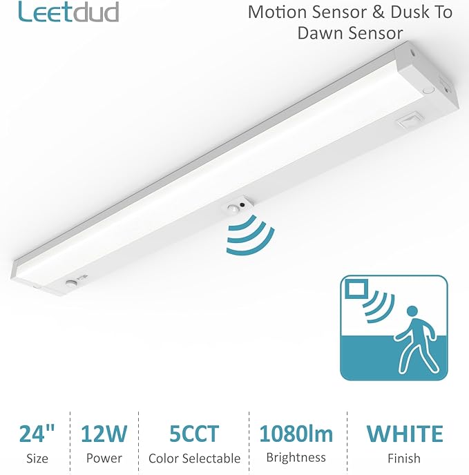 LED Under Cabinet Lighting Motion Sensored Hardwired with Built-in Dimmer, 24 Inch 12W Dimmable 5 Color 2700/3000/3500/4000/5000K, Linkable Eyes Care for Kitchen, Counter, ETL Listed, White
