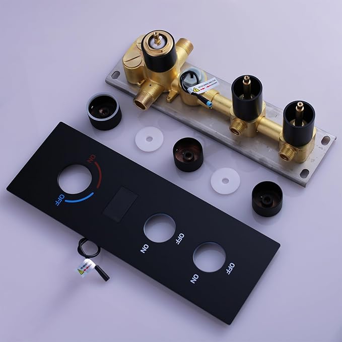2 Way Shower Diverter Valve Brass 2 Functions Digital Temperature Display Thermostatic Shower Mixing Valve Kit 3 Handle Flow Cotrol Valve, Can Run Simultaneously Matte Black