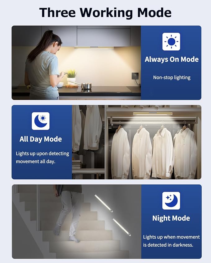 64 LED Under Cabinet Lights, 3 Color Dimmable Motion Sensor Indoor Closet Lights, 3600mAh Rechargeable Under Counter Light for Kitchen, 14 Inch Wireless Battery Operated Night Lighting