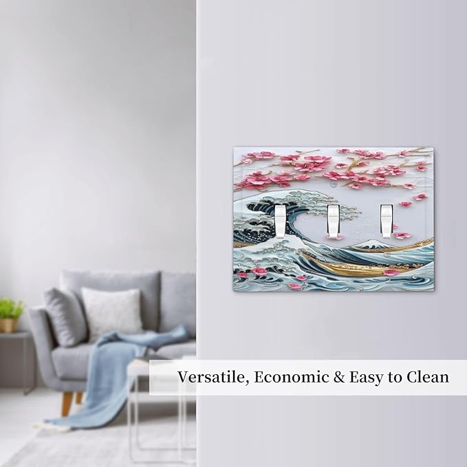 Decorative Switch Plates The Great Wave Off Kanagawa With Sakura 3 Gang Wall Plate Triple Toggle Light Switch Cover Faceplate Electrical Wall Panels for Bedroom Bathroom Decor
