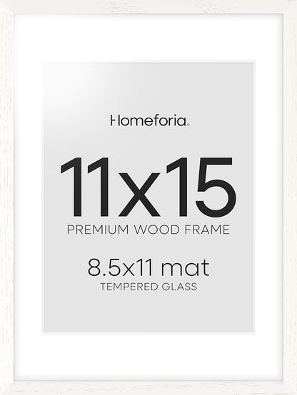 Homeforia White Frame 11x15 Wood, High End Oak 11x15 Picture Frames with Mat 8.5x11, 11 x 15 White Wooden Poster Frames Matted to 8.5 x 11 inch Photo, 15by11 Frames, Tempered Glass, Wall Kit, Set of 1