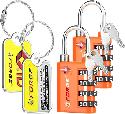Forge Dual-Opening: Key or Combination Lock, TSA Approved Lock for Luggage, Pelican case, Travel, Gym, School, Luggage Combination Lock, Travel Bag Lock (Orange 2 Locks and 2 ID)