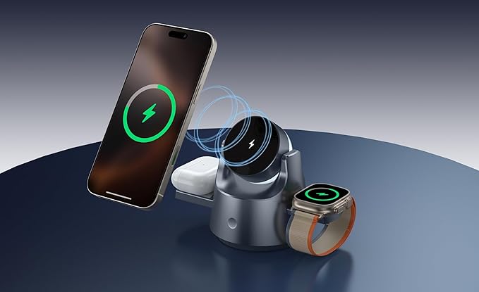 Smart iPhone Charger 4 in 1 Wireless Charging Station for iPhone, Apple Watch & AirPods – Motorized Expandable Dock with 110° Rotation, 15W, RGB Night Light, CE/FCC Certified
