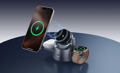 Smart iPhone Charger 4 in 1 Wireless Charging Station for iPhone, Apple Watch & AirPods – Motorized Expandable Dock with 110° Rotation, 15W, RGB Night Light, CE/FCC Certified