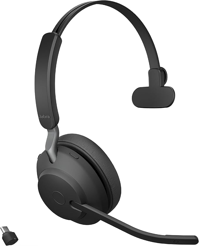 Jabra Evolve2 65 UC Wireless Headset with Link380c, Mono, Black – Wireless Bluetooth Headset for Calls and Music, 37 Hours of Battery Life, Passive Noise Cancelling Headphones