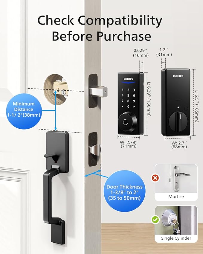 Philips Keyless Entry Keypad Door Lock with Handle, Front Door Deadbolt Set with WiFi Gateway, Wi-Fi Smart Lock with Handle, Fingerprint Unlock, PIN Code, Frosted Black