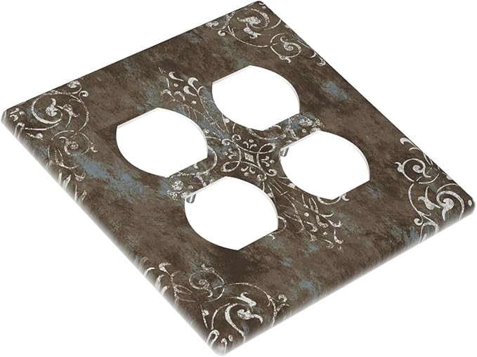 Decorative Outlet Covers Brown Vintage Abstract Floral 2 Gang Wall Plate Cover Double Duplex Receptacle Two Switch Light Switch Cover Plate Jumbo Dual Faceplate for Home Decor