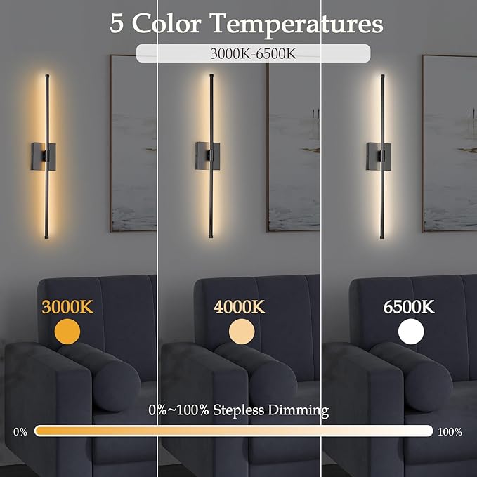 LED Wall Sconces with Remote Control, Dimmable Wall Sconces Set of Two, 5 Colors 3000K-6500K & Dimmable, Hardwire Wall Light with Timer & Night Light, LED Black Wall Lamps for Living Room, Bedroom