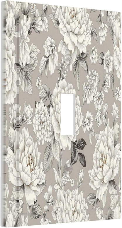 White Poppies Floral Modern Grey Peonies Flowers Decorative Light Switch Cover 1 Gang Single Toggle Decorator Outlet Wall Plate Device Electrical Faceplate Switchplates for Bedroom Bathroom