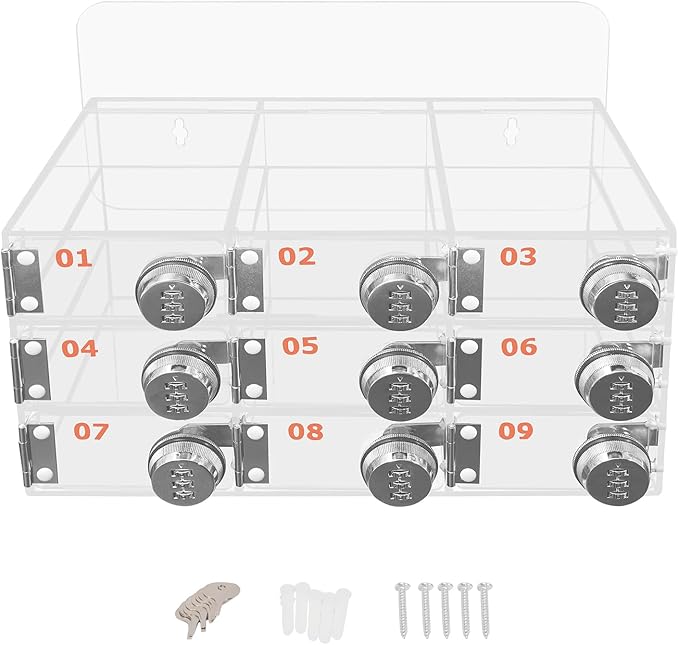 Cell Phone Locker Box 9 Slots Cell Phone Organizer Cabinet with Combination Locks Wall-Mounted Locking Cell Phone Storage Box for Classroom Office,Shool,Office (9 Slots, Wood+Acrylic)