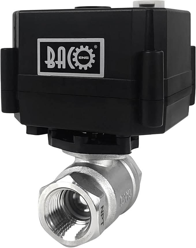 BACOENG Motorized Ball Valve, 2 Wire Auto Return 1/2" Stainless Steel Electrical Ball Valve with Full Port, AC/DC9-24V Manually Closable (Normally Closed), Black